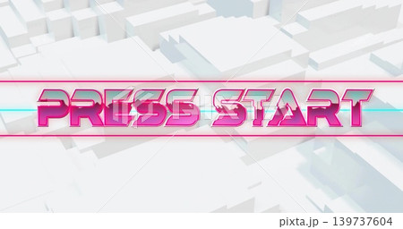 Displaying stylized pink PRESS START banner centered in retro virtual cityscape, with cyan streak 139737604