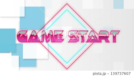 Displaying centered GAME START text pulsing with neon diamond glow on splash screen, layered tiles Displaying centered GAME START text pulsing with neon diamond glow on splash screen, layered tiles 139737607