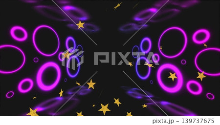 Glowing magenta and violet rings forming mirrored tunnel toward dark void, with golden stars 139737675