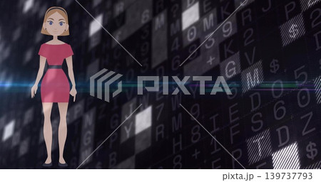 Standing woman in red dress facing viewer in cyberspace, code tiles and blue streak, copy space 139737793