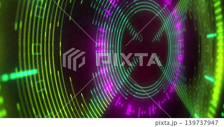 Rotating neon circular HUD centered against dark void, displaying concentric rings and pulses Rotating neon circular HUD centered against dark void, displaying concentric rings and pulses 139737947