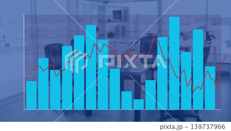 Displaying semi-transparent cyan bar chart, red line and grid in meeting room over table and chairs Displaying semi-transparent cyan bar chart, red line and grid in meeting room over table and chairs 139737966