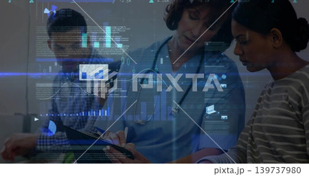 Holding clipboard and stethoscope, clinician in scrubs writing notes at clinic, with HUD overlay Holding clipboard and stethoscope, clinician in scrubs writing notes at clinic, with HUD overlay 139737980