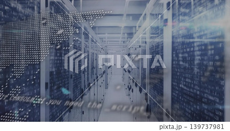 Displaying central server corridor in data center, with glass cabinets and streaming binary overlay Displaying central server corridor in data center, with glass cabinets and streaming binary overlay 139737981