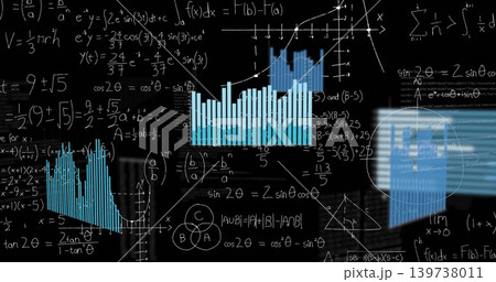 Displaying math blending handwritten equations and plots on chalkboard with blue bar charts 139738011