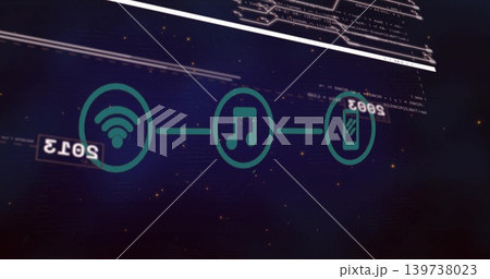 Displaying three teal icons Wi?Fi, music note, smartphone linked by line across dark HUD, code band 139738023