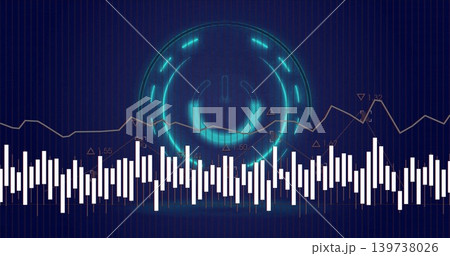 Glowing cyan power icon emitting halo on tech dashboard, displaying equalizer bars and line chart 139738026