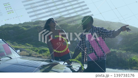 Leaning couple chatting and pointing at roadside with metal car, red top, sunglasses, cap, overlays Leaning couple chatting and pointing at roadside with metal car, red top, sunglasses, cap, overlays 139738176
