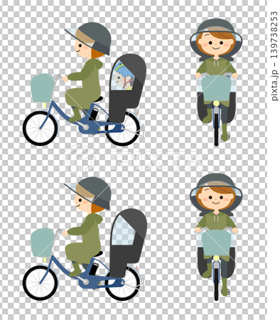 レインコートを着て自転車に乗る親子 139738253