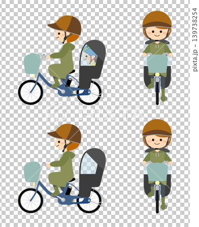 レインコートを着て自転車に乗る親子 139738254