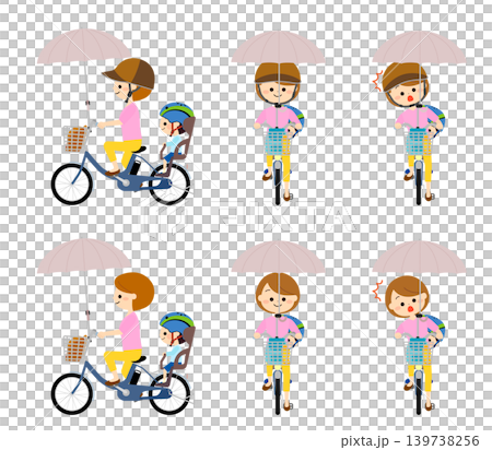 A parent and child riding bicycles while holding a parasol. 139738256