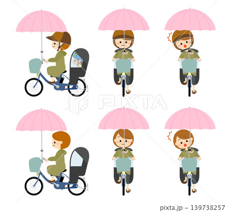 雨傘をさして自転車に乗る親子 139738257