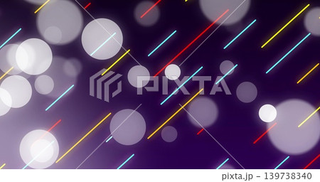Glowing abstract pattern filling purple gradient, showing cyan yellow red neon streaks and bokeh 139738340