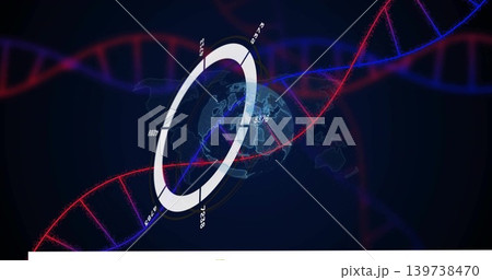Rotating tilted segmented ring circling globe in virtual dashboard, showing red blue DNA ribbons 139738470