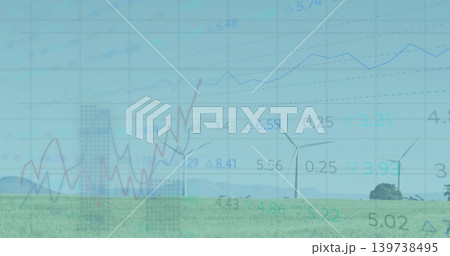 Displaying three wind turbines rotating at wind farm, with grassy field, hills and data overlays Displaying three wind turbines rotating at wind farm, with grassy field, hills and data overlays 139738495
