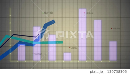 Displaying data chart with seven lavender bars on dashboard, showing trend lines and numeric labels Displaying data chart with seven lavender bars on dashboard, showing trend lines and numeric labels 139738506