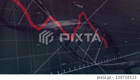 Displaying red jagged line chart crossing translucent DNA double helix on dark grid with axis ticks 139738513