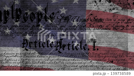 Displaying American flag motif overlaying cursive Constitution text on aged paper with ink smudges Displaying American flag motif overlaying cursive Constitution text on aged paper with ink smudges 139738589