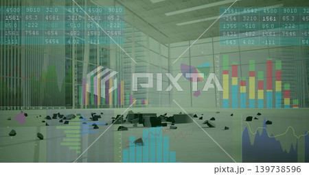 Displaying scattered dark rubble centered on polished lobby floor, showing colorful chart overlays Displaying scattered dark rubble centered on polished lobby floor, showing colorful chart overlays 139738596