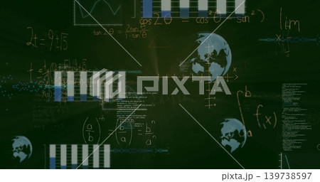 Displaying chalkboard showing written math, integrals f(x), bars, globe icons in classroom 139738597