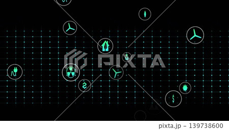 Glowing teal circular icons and dotted grid floating across black dashboard, showing energy symbols 139738600