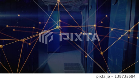 Showing central server racks in data center with mesh doors, LEDs, vent, cable tray, orange nodes 139738684