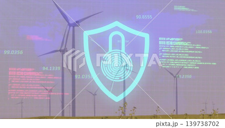 Showing HUD shield with padlock print over wind turbines on grass plain, showing code readouts 139738702