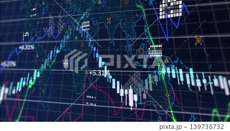Displaying financial chart on-screen dashboard, showing candlesticks, colored lines, percent labels Displaying financial chart on-screen dashboard, showing candlesticks, colored lines, percent labels 139738732