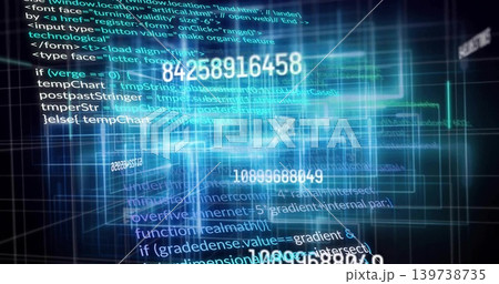 Glowing central data cluster streaming code and numeric overlays in navy virtual grid with planes 139738735