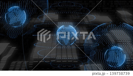 Floating blue dotted wireframe globe hovering over glossy grid plane, with binary streams and rings Floating blue dotted wireframe globe hovering over glossy grid plane, with binary streams and rings 139738739