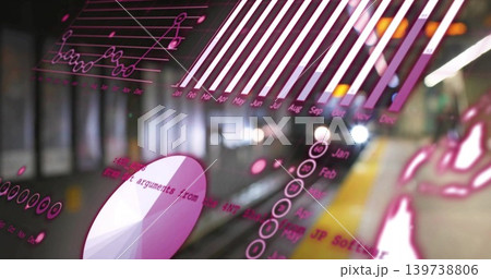 Floating pale magenta data overlays on subway platform showing charts near yellow tactile strip Floating pale magenta data overlays on subway platform showing charts near yellow tactile strip 139738806