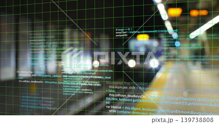 Displaying faint green grid overlay with floating code in subway tunnel, twin headlights glaring Displaying faint green grid overlay with floating code in subway tunnel, twin headlights glaring 139738808