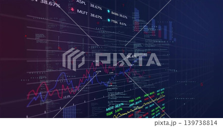 Displaying layered market charts on navy purple dashboard, showing colored trend lines, percentages Displaying layered market charts on navy purple dashboard, showing colored trend lines, percentages 139738814