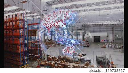 Hovering holographic skull glowing above pallets in warehouse, workers wearing hi vis vests Hovering holographic skull glowing above pallets in warehouse, workers wearing hi vis vests 139738827