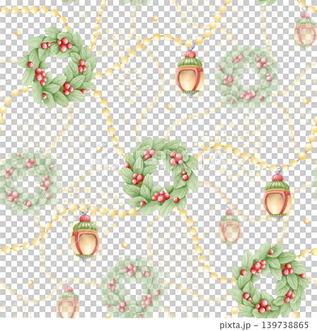Christmas wreaths with light garlands and lanterns watercolor seamless pattern on white. Happy New Year ornaments and decorations repeat background in pastel colors. Hand drawn winter wrapping paper Christmas wreaths with light garlands and lanterns watercolor seamless pattern on white. Happy New Year ornaments and decorations repeat background in pastel colors. Hand drawn winter wrapping paper 139738865