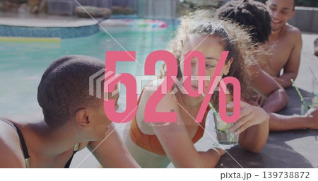 Chatting four in swimwear leaning on backyard pool edge, holding glass with straw, pink 52% overlay Chatting four in swimwear leaning on backyard pool edge, holding glass with straw, pink 52% overlay 139738872