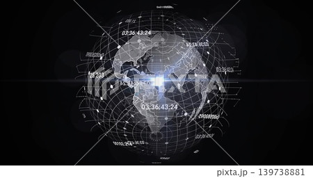 Rotating 3D holographic globe projecting data in virtual interface, with timecodes and nodes Rotating 3D holographic globe projecting data in virtual interface, with timecodes and nodes 139738881