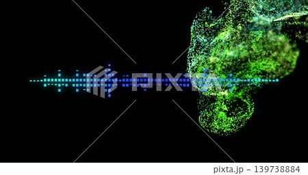 Morphing neon green particle cloud flowing from cyan-blue pixel waveform on black void, copy space Morphing neon green particle cloud flowing from cyan-blue pixel waveform on black void, copy space 139738884