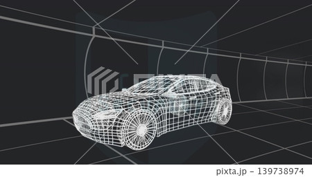 Displaying white wireframe sedan model sitting on grid floor in 3D viewport, showing tunnel panels Displaying white wireframe sedan model sitting on grid floor in 3D viewport, showing tunnel panels 139738974