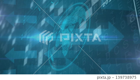 Animating transparent globe rotating within dotted HUD on broadcast UI, with arrows and text grid 139738975