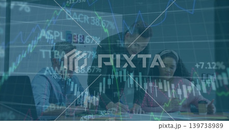 Reviewing three analysts in business at office table, marking charts with laptop and disposable cup Reviewing three analysts in business at office table, marking charts with laptop and disposable cup 139738989