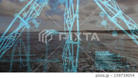 Displaying ocean wake moving toward right coastline at sea, showing cyan wireframe and hexagons Displaying ocean wake moving toward right coastline at sea, showing cyan wireframe and hexagons 139739054