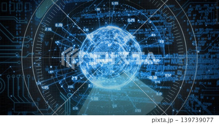 Rotating glowing blue holographic sphere centered within cyber interface, with HUD rings and nodes Rotating glowing blue holographic sphere centered within cyber interface, with HUD rings and nodes 139739077