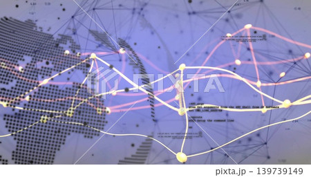 Showing virtual global network projecting glowing nodes with curved lines, halftone map and code 139739149