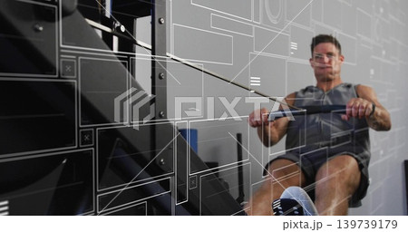 Rowing mid-adult man wearing sportswear pulling handle on rower in gym, overlays, copy space Rowing mid-adult man wearing sportswear pulling handle on rower in gym, overlays, copy space 139739179