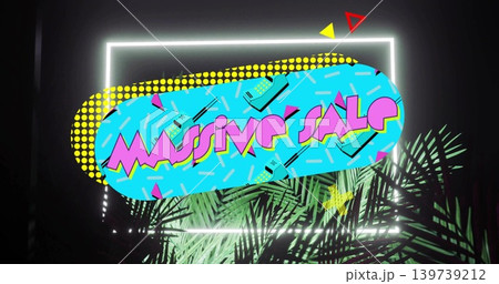 Glowing rectangular neon frame showing cyan oval MASSIVE SALE in studio, palm fronds reflecting LED 139739212