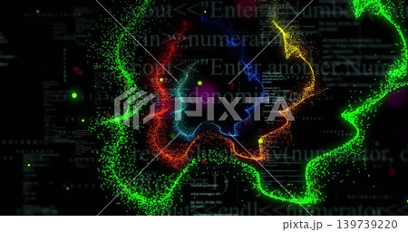 Spinning multicolored particle vortex in deep black void, showing neon streams, glowing orbs, code Spinning multicolored particle vortex in deep black void, showing neon streams, glowing orbs, code 139739220