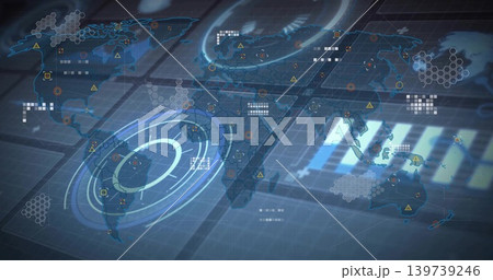 Displaying hologram world map and HUD over grid, showing concentric rings, hex tiles, warning icons Displaying hologram world map and HUD over grid, showing concentric rings, hex tiles, warning icons 139739246