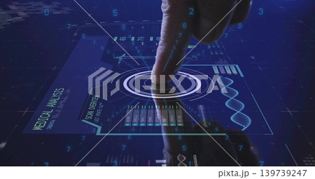 Pressing male finger activating target ring on hologram display at lab, with DNA helix Pressing male finger activating target ring on hologram display at lab, with DNA helix 139739247