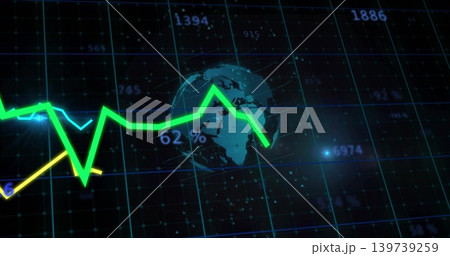 Displaying neon-green line chart and 3D globe on dashboard, featuring cyan-yellow lines and 62% Displaying neon-green line chart and 3D globe on dashboard, featuring cyan-yellow lines and 62% 139739259